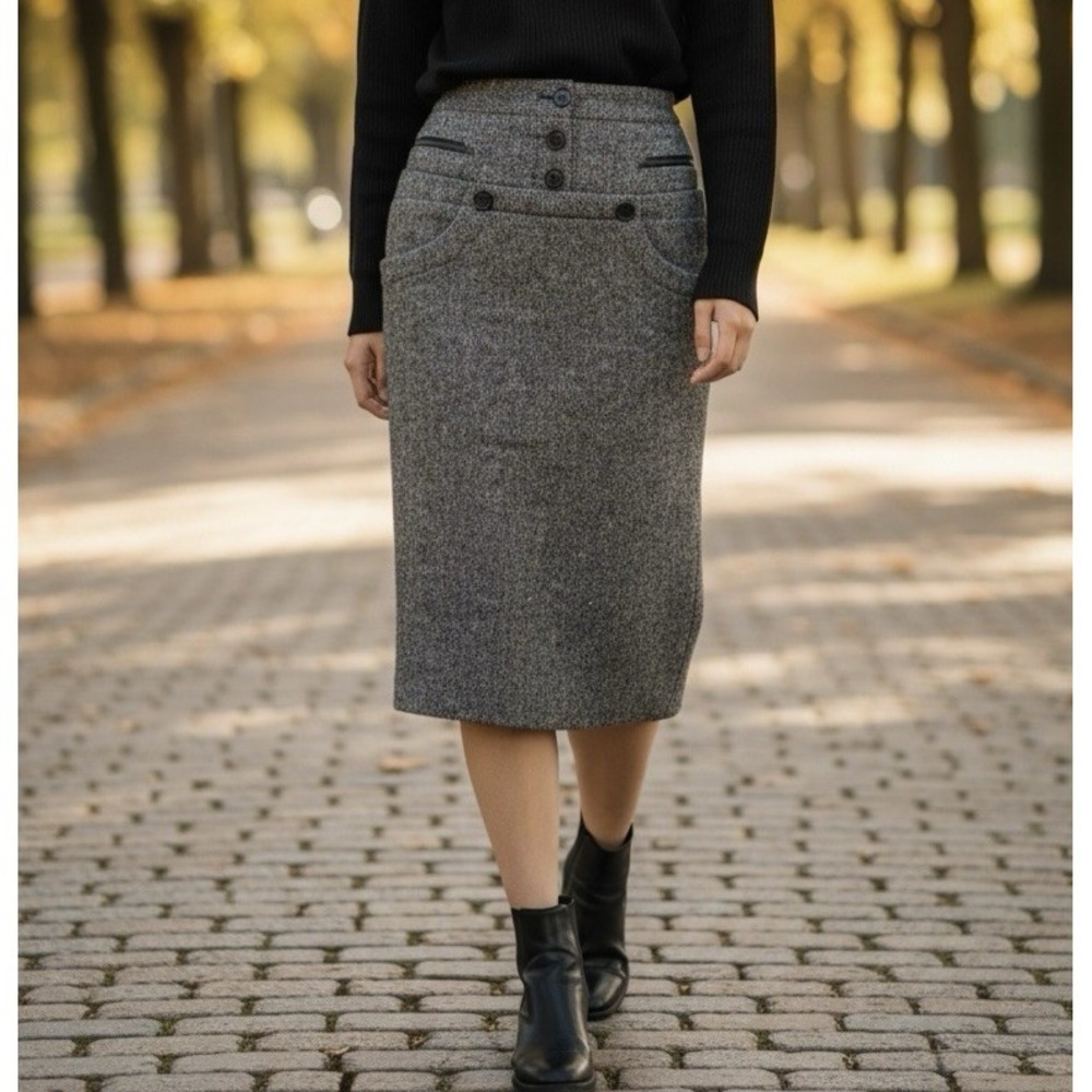 LAMB Gwen Stefani Wool Tweed Pencil Skirt Sz S High Waist Lined Trumpet Godets
